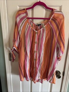 Unique Spectrum Pink Orange Striped Button Blouse